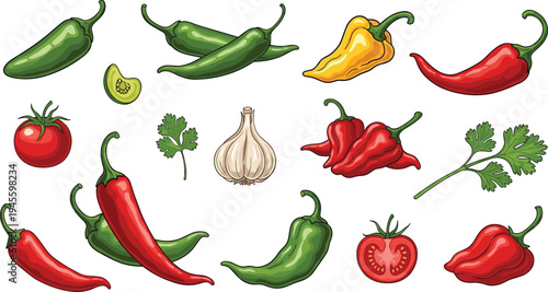 Set of Fresh Chili Peppers, Tomatoes, Garlic, and Cilantro for Cooking and Food Illustration