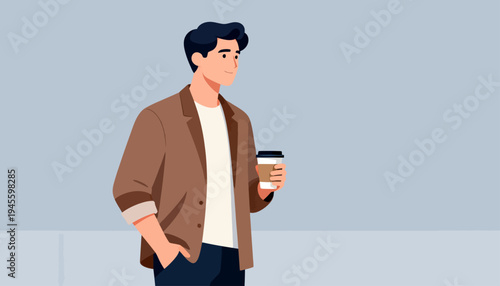 Young man stands with one hand in his pocket. He holds a coffee cup, looking ahead thoughtfully. His coat is unbuttoned, suggesting casual comfort. The background is minimalist