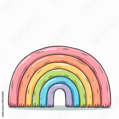 Minimalist flat vector illustration of a simple, soft pastel-colored rainbow arch, ideal for modern nursery decor, baby announcements, and cute graphic art.