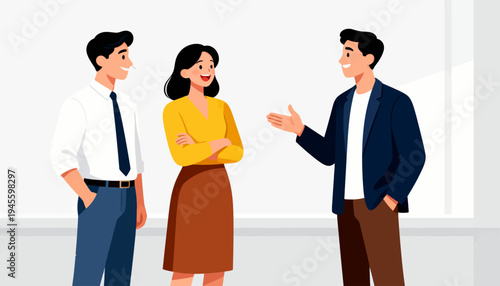 Three people engage in a lively conversation. The man gestures while speaking to the others. The woman smiles, arms crossed, listening attentively. The setting is a clean, modern office space