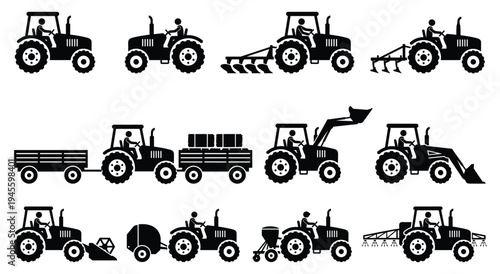Set of black and white icons depicting various farming activities with tractors