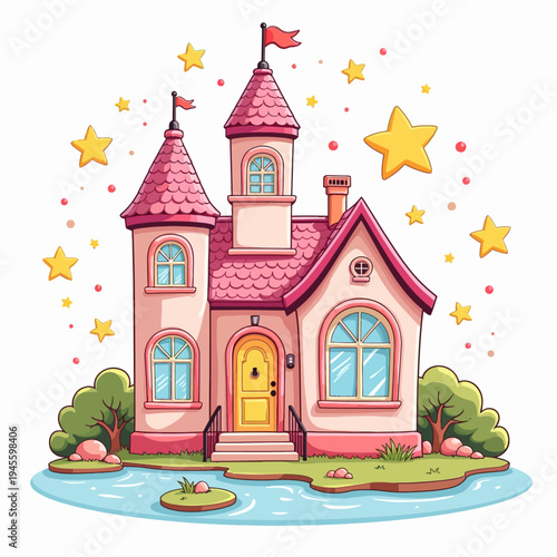 Magical flat vector illustration of a beautiful pink fairy tale castle on a small grassy island with floating stars, perfect for dreamy fantasy design concepts.