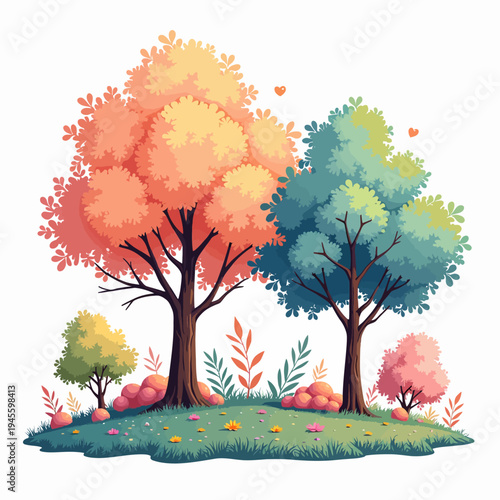 Serene flat vector illustration of a beautiful autumn nature scene featuring trees with vibrant orange, yellow, and blue foliage falling on the soft grass.
