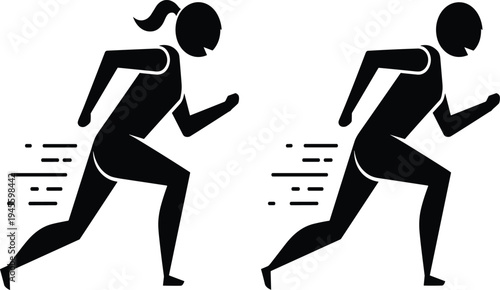 Silhouette runners in motion, male and female figures with ponytail and short hair, showing speed, athleticism, fitness, sports, and outdoor activity themes