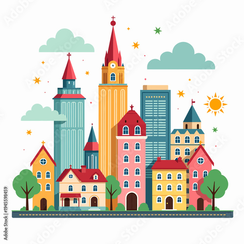 Vibrant flat vector illustration of a modern cityscape featuring a variety of colorful skyscrapers, towers, and urban commercial buildings under a clear blue sky.