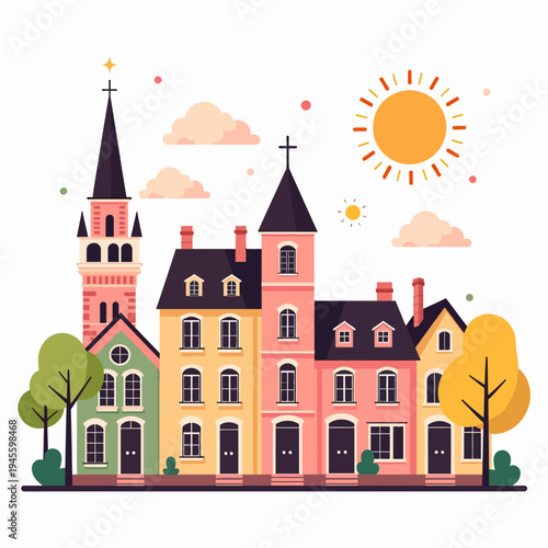 Charming flat vector illustration of a beautiful European-style town or cityscape featuring historic traditional buildings, towers, and vibrant colorful facades.