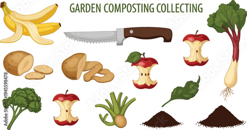 Garden Composting Collection Featuring Bananas, Potatoes, Apples, Broccoli, and Organic Waste for Composting Illustration