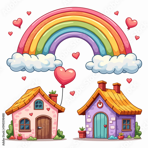 Whimsical flat vector illustration of two adorable, colorful fairy tale houses under a beautiful bright rainbow, perfect for magical storytelling design themes.