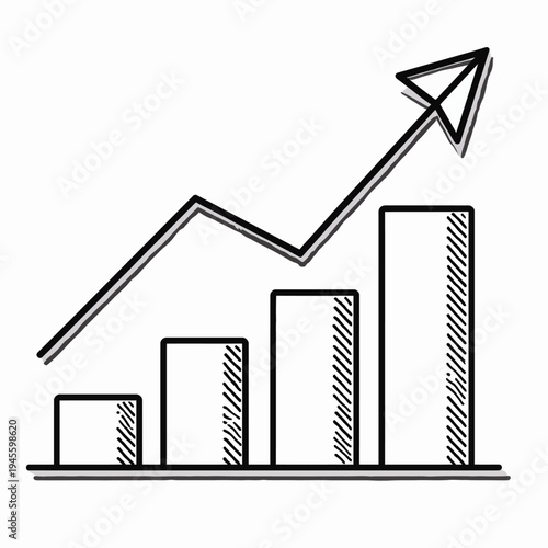 Minimalist line art vector graphic of a financial bar chart with an upward trending arrow, representing business growth, financial success, and data analysis.