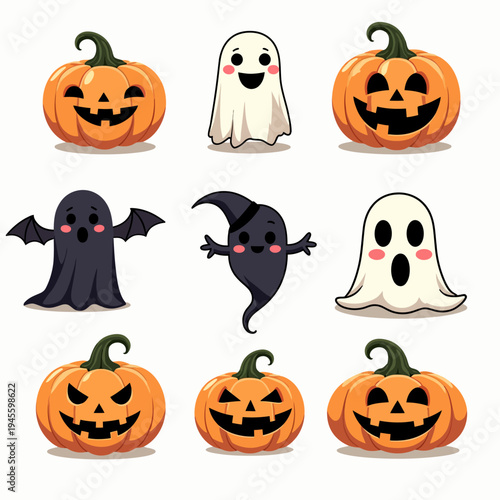 Spooky and fun flat vector collection of cute Halloween elements including carved pumpkins, friendly ghosts, and flying bats for festive autumn holiday designs.