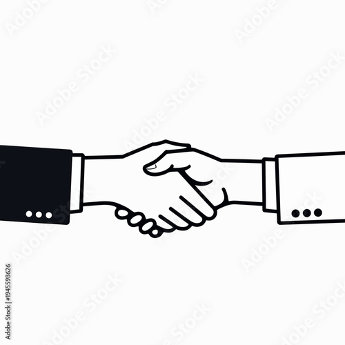 Professional line art vector graphic showing a close-up of two business people shaking hands, symbolizing agreement, successful partnership, and deal closing.