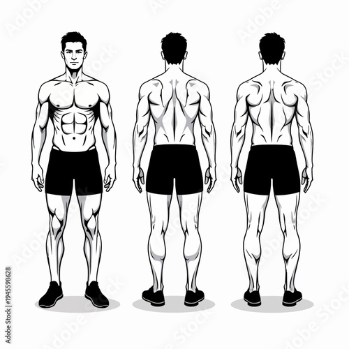 Detailed flat vector illustration of the muscular anatomy of the human male body from front and back views, ideal for medical, scientific, and fitness designs.