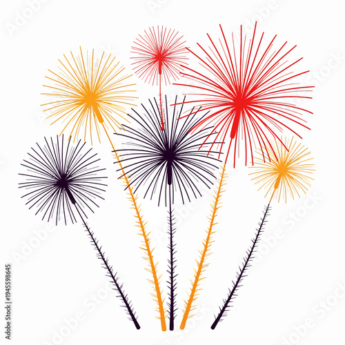 Spectacular flat vector illustration of colorful fireworks bursting in the sky, perfect for New Year celebrations, festivals, and joyous holiday graphic designs.