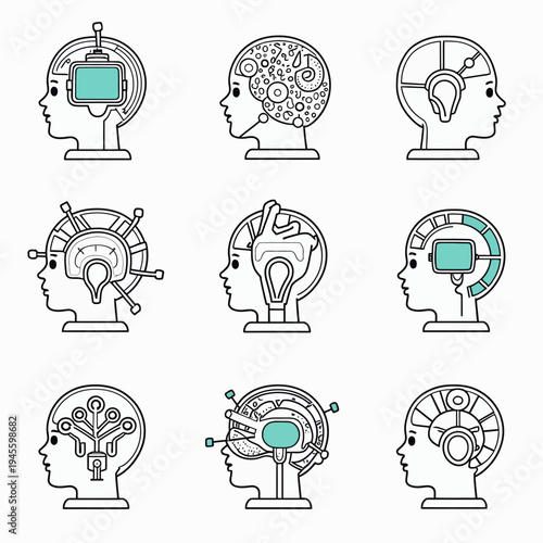 Comprehensive vector set of line art icons representing artificial intelligence, machine learning, human brain computing, and smart digital technology concepts.