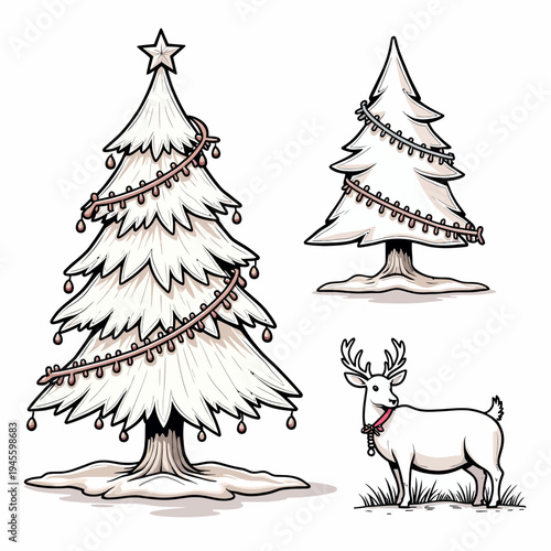 Festive vector illustration set featuring beautifully decorated evergreen Christmas trees and a cute little reindeer, perfect for winter holiday greeting cards.