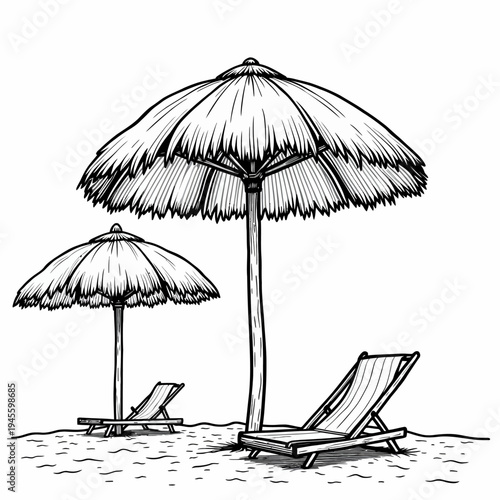 Relaxing hand-drawn sketch vector illustration of beach umbrellas and lounge chairs on the sand, ideal for summer vacation and tropical holiday travel designs.