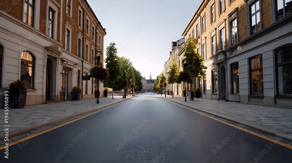 Fototapeta premium A sunlit empty European city street lined with historic buildings trees and paved sidewalks
