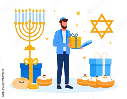 Hanukkah Celebration - Man with Gifts, Menorah, and Traditional Treats.