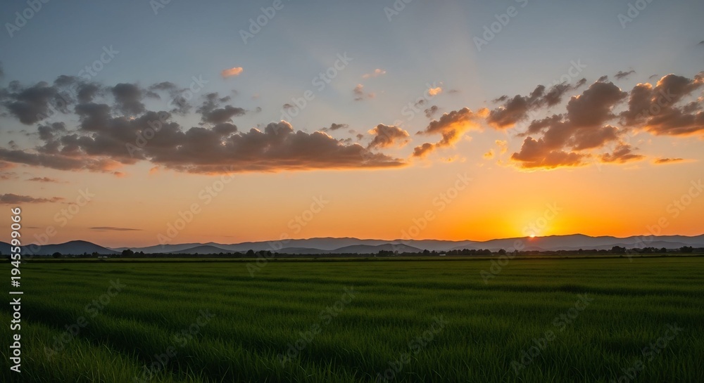 Fototapeta premium Golden sunset over green agricultural field with mountains and dramatic clouds