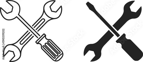 Crossed wrenches and screwdrivers tools icons in black and white