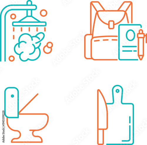 Colorful icons of bathroom and kitchen appliances and furniture