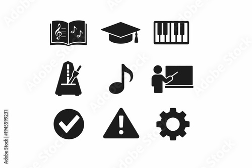 Music education icons: sheet music, graduation cap, piano keys, metronome, musical note, teaching, checkmark, alert, gear