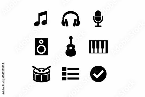 Music icon set featuring instruments and audio equipment