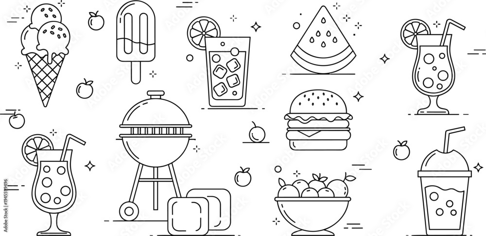 Fototapeta premium Summer Food and Drink Line Icons Set with Ice Cream Popsicle Burger Watermelon Cocktail and Smoothie Vector