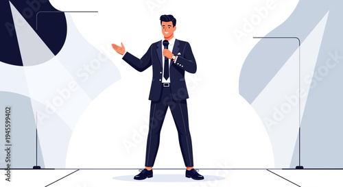 Man in Suit Speaking into Microphone on Stage with Spotlights