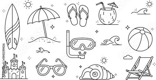Summer Beach Line Icons Set with Surfboard Umbrella Flip Flops Coconut Drink and Vacation Elements Vector