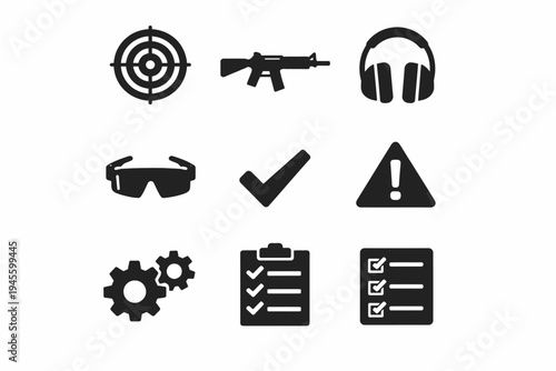 Set of black tactical and checklist icons for target shooting and safety