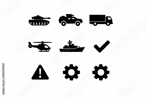 Military vehicles and symbols: tank, helicopter, ship, truck, icons set
