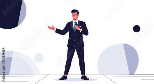 Man in Suit with Microphone Presenting on Stage, Speaking Event