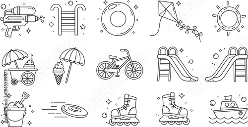 Summer Activity Line Icons Set with Pool Float Bicycle Ice Cream Water Slide Roller Skates and Beach Fun Vector