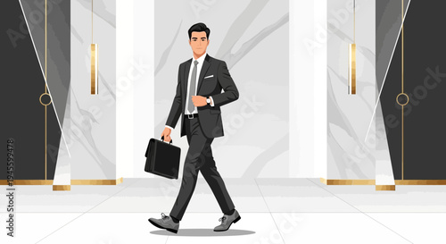 Man in Suit Walking with Briefcase in Modern Office Corridor