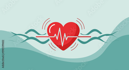 Red Heart with Cardiogram and Waves - Health and Love Concept