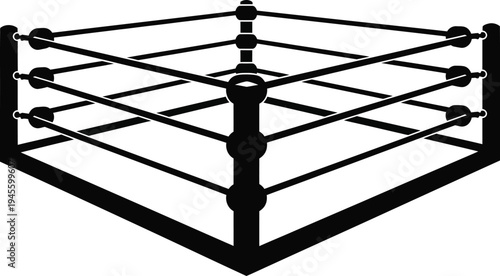 Black metal wrestling ring structure with ropes and corner posts on a white background