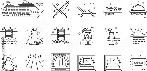 Cruise Vacation Line Icons Set with Cruise Ship Pool Buffet Cocktail Deck Chair and Entertainment Vector