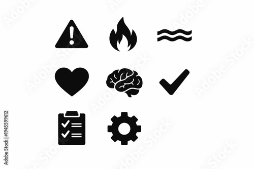Safety hazard icons: warning, fire, water, heart, brain, checkmark, checklist, gear