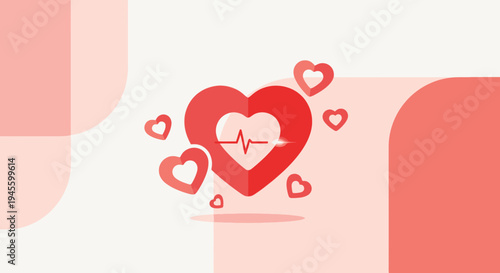 Red Heart with Cardiogram Pulse Line, Love and Health Concept