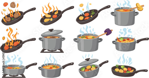 Cartoon Set of Cooking Pots, Frying Pans, and Delicious Dishes with Steaming, Sizzling, and Burning Effects for Food Illustration