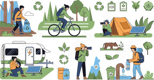 Eco Friendly Outdoor Adventure Set with Camping Hiking Recycling Solar Energy and Sustainable Travel Vector Illustration
