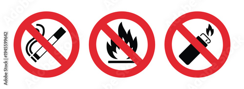 Set of three no smoking, no open flame, and no lighters prohibition signs isolated on white background