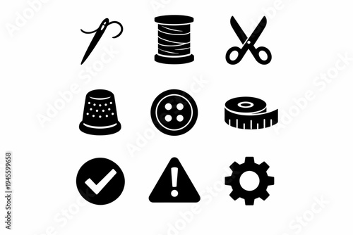 Sewing icons: needle, thread, scissors, thimble, button, tape, check, alert, gear