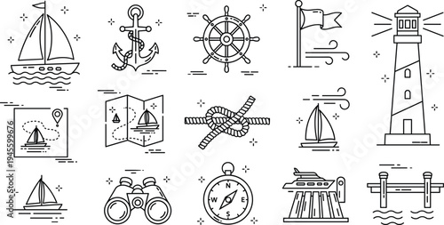 Sailing and Nautical Navigation Line Icons Set with Sailboat Anchor Lighthouse Compass and Ship Wheel Vector