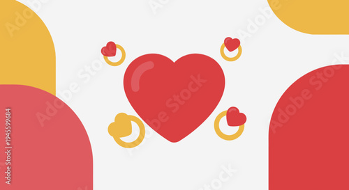 Red Heart Symbol with Golden Rings, Valentine's Day, Love, Romance, Wedding