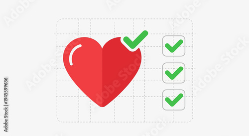 Red Heart with Checkmarks - Health Check, To-Do List, Medical Concept