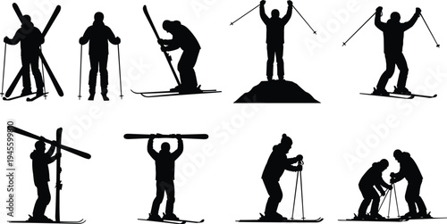 Black silhouette illustration of eight skiers with poles and skis in dynamic poses, symbolizing winter sports, teamwork, celebration, preparation, assistance, and creative artwork projects