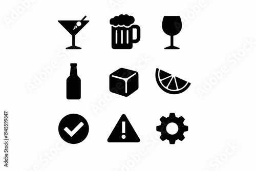 Set of black drink icons with checkmark, warning, and gear symbols