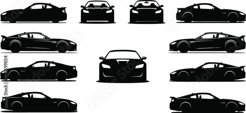 Collection of black car silhouettes in various angles and positions
